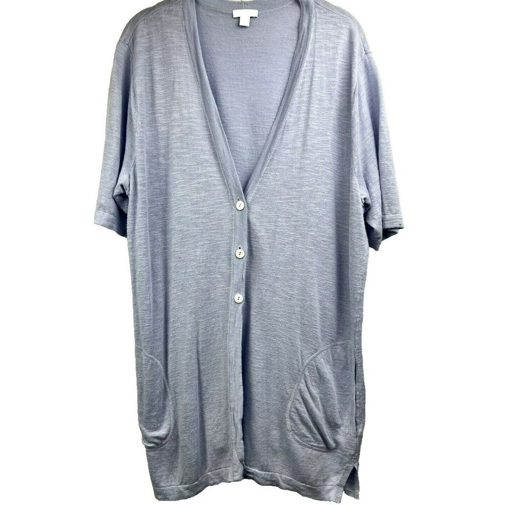 J Jill Cardigan Large Linen Blend Blue‎ Short Sleeve Button Lightweight Pockets